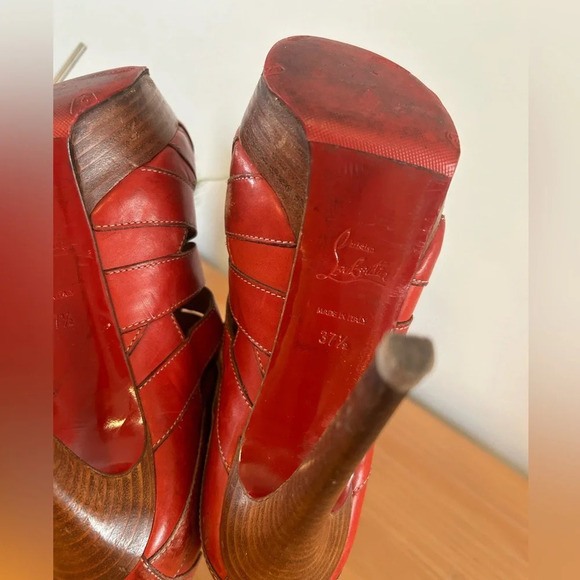 Christian Louboutin Red Leather Wooden Platform Heels - Picture 7 of 7